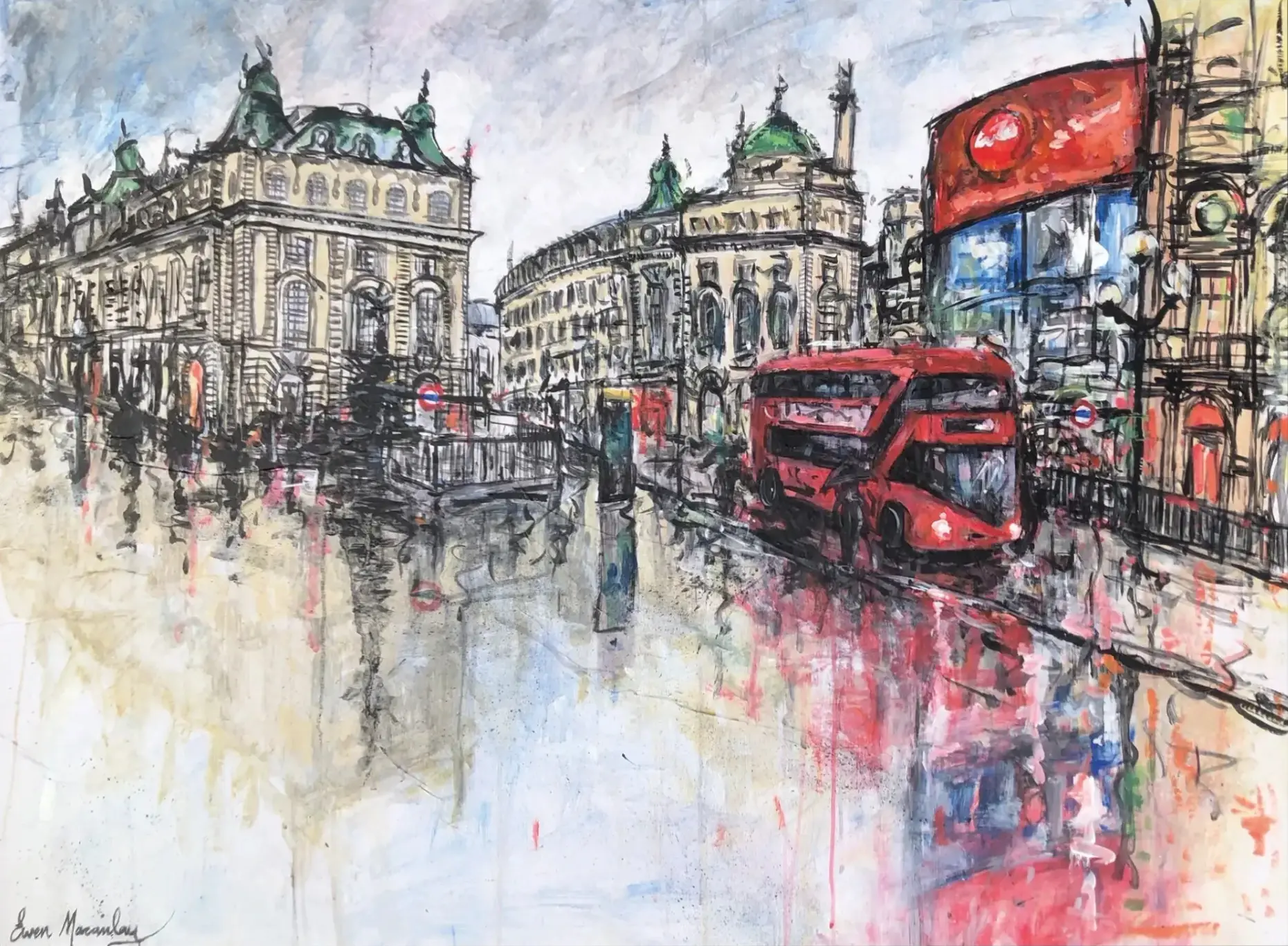London, Piccadilly Circus in the rain, an expressionist painting by Ewen Macaulay