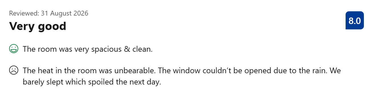 Guest review highlighting a complaint about room temperature and a window that wouldn't open