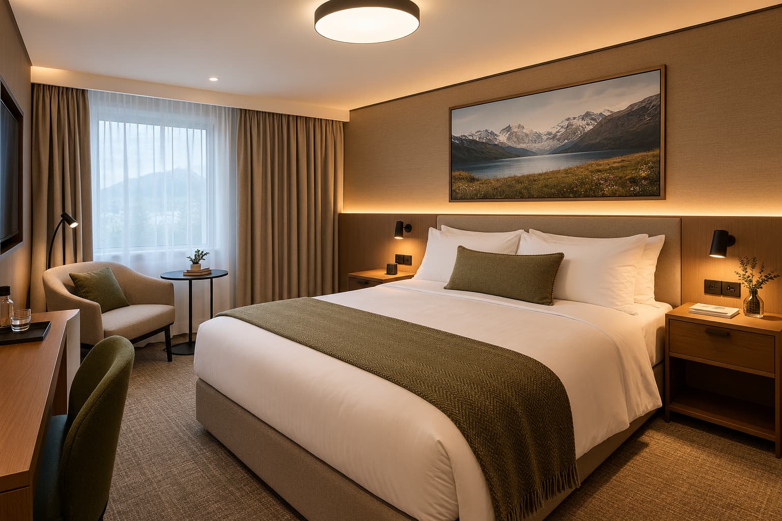 Hotel bedroom with a framed landscape artwork above the headboard and warm ambient lighting