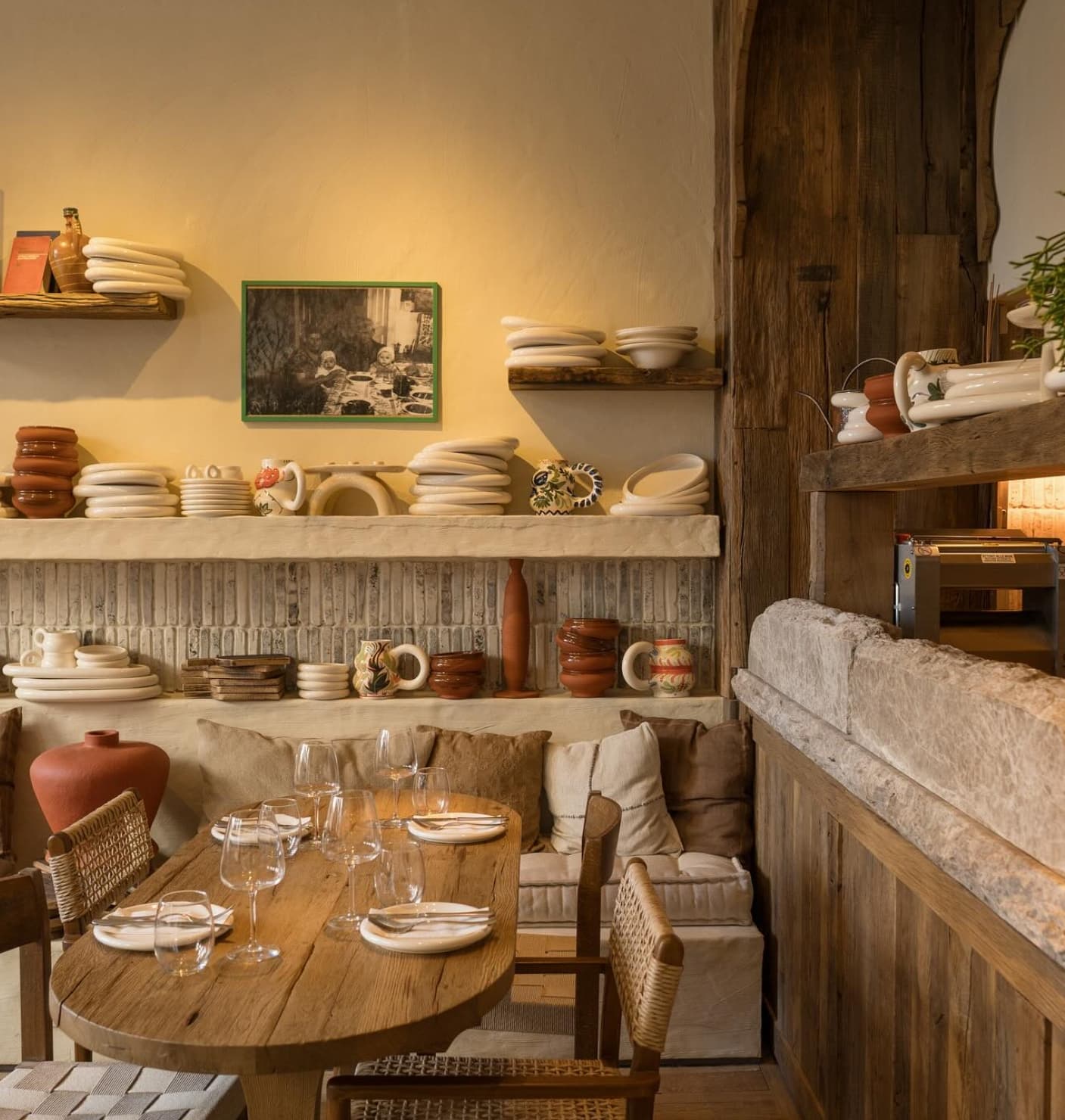 Interior of Tatar Bunar restaurant with reclaimed oak, Bulgarian stone and handmade ceramics