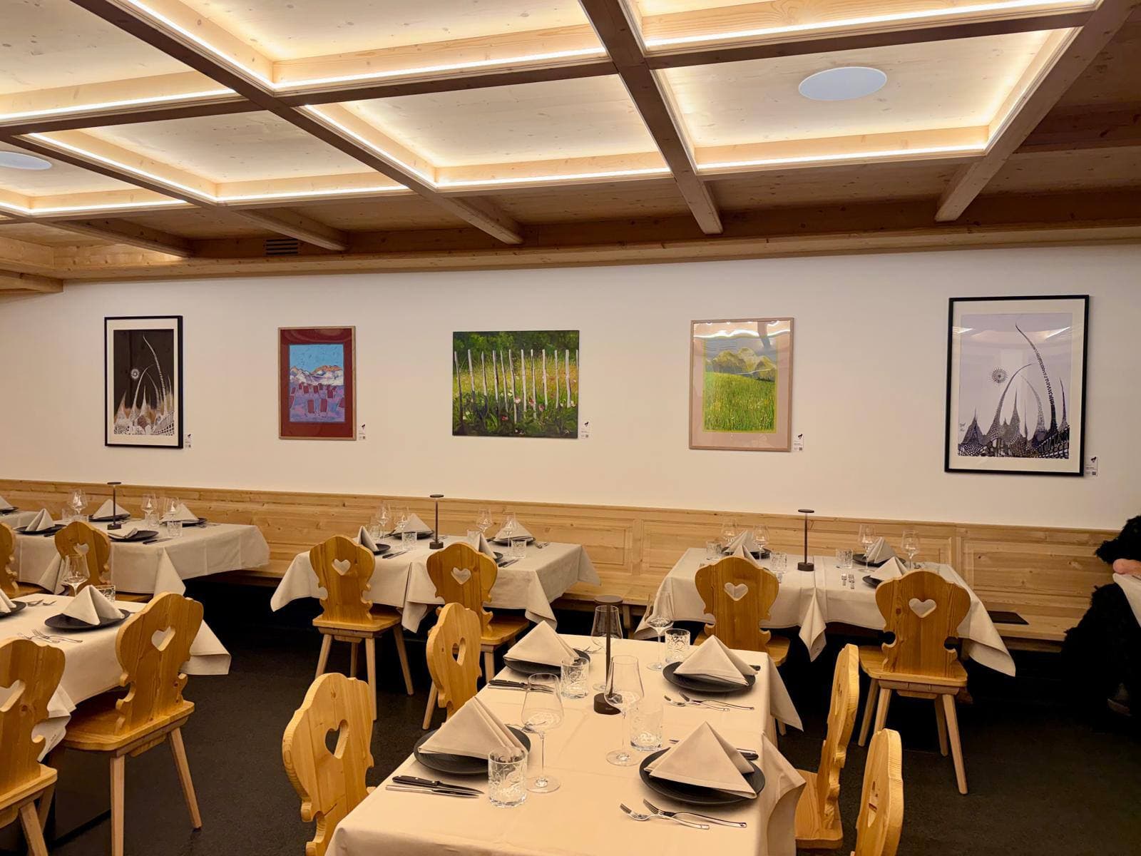 Contemporary art displayed on the walls of a modern café