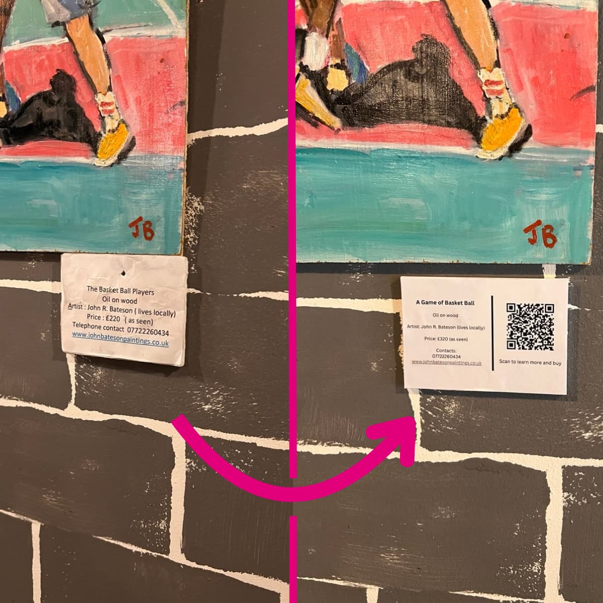 An artwork label upgraded from a handwritten note to a printed label with a QR code linking to the artist's page and secure checkout