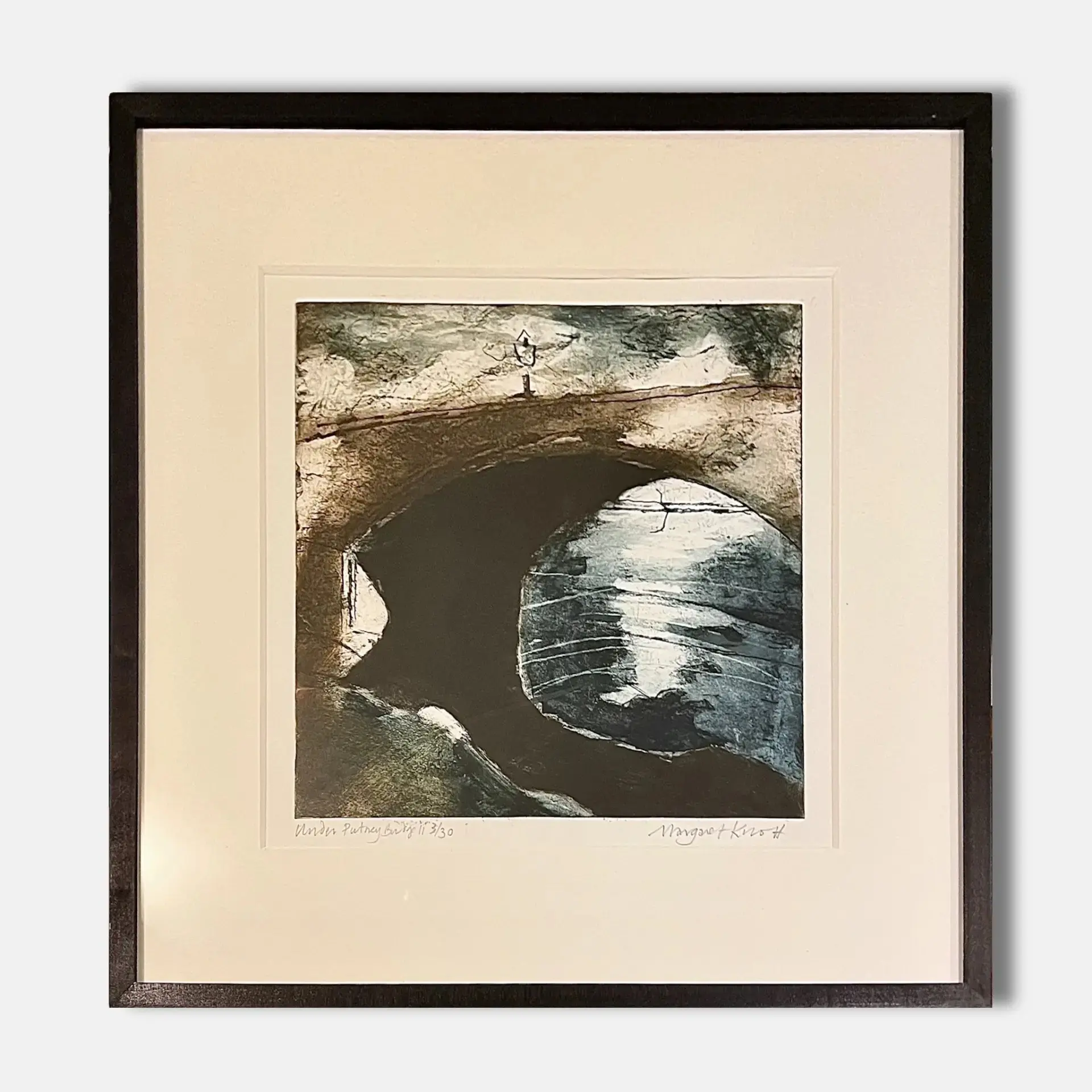 Under Putney Bridge II by Margaret Knott, a framed work looking out over the river from beneath the dark stone arch of Putney Bridge