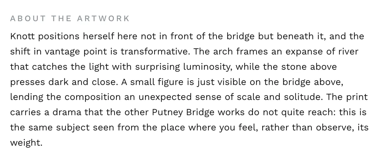 The PickArt artwork description for Under Putney Bridge II by Margaret Knott