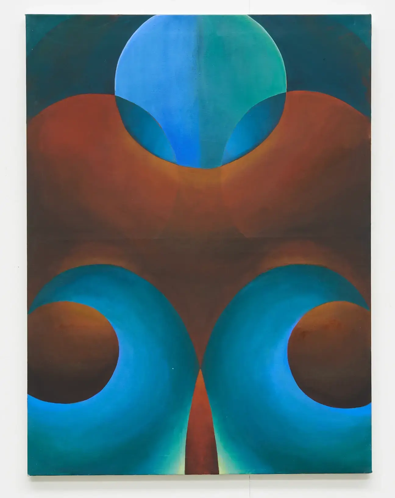 Wave Forms in Blue and Green (Waimānalo Beach) by Libby Hoffenberg, an abstract painting of curving blue and green forms against warm rust tones