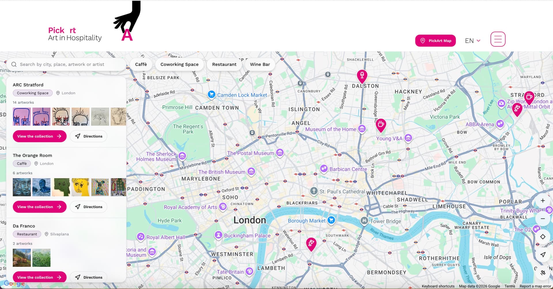 Detailed venue view showing the artwork collection on the PickArt map